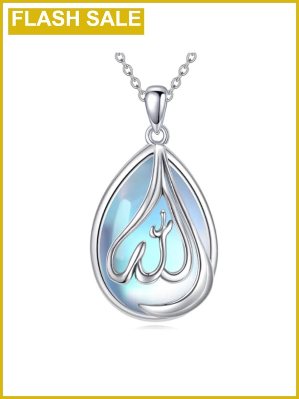 Sterling Silver Allah Pendant Necklace Rainbow Moonstone Religious Gift
